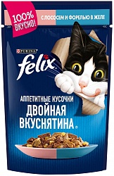 Влажный корм для взрослых кошек Felix аппетитные кусочки, двойная вкуснятина, с лососем и форелью 85 г (кусочки в желе), рынок Рахова, ИП Ступников, точка №99 - правое